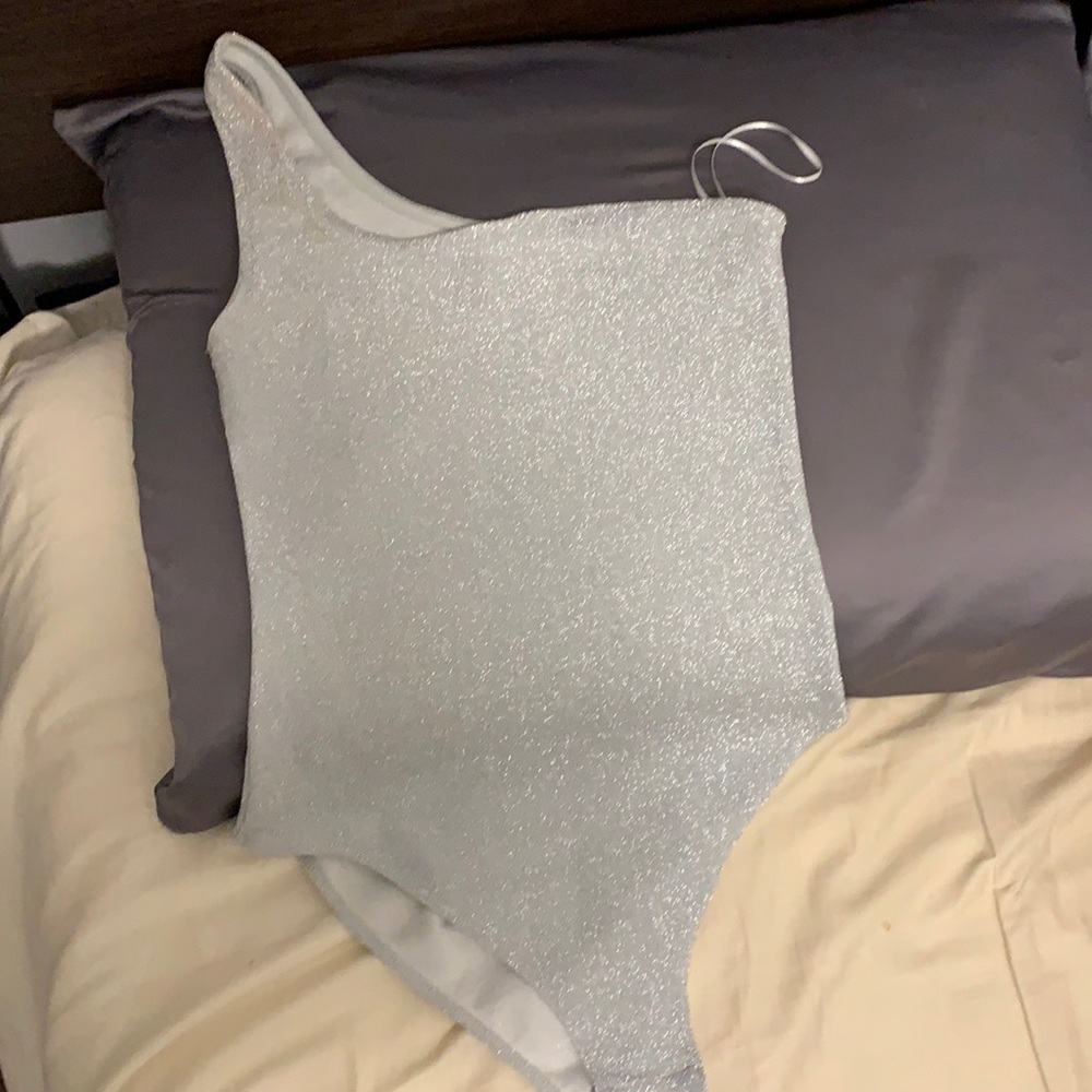H&M silver sparkly one-shoulder bodysuit